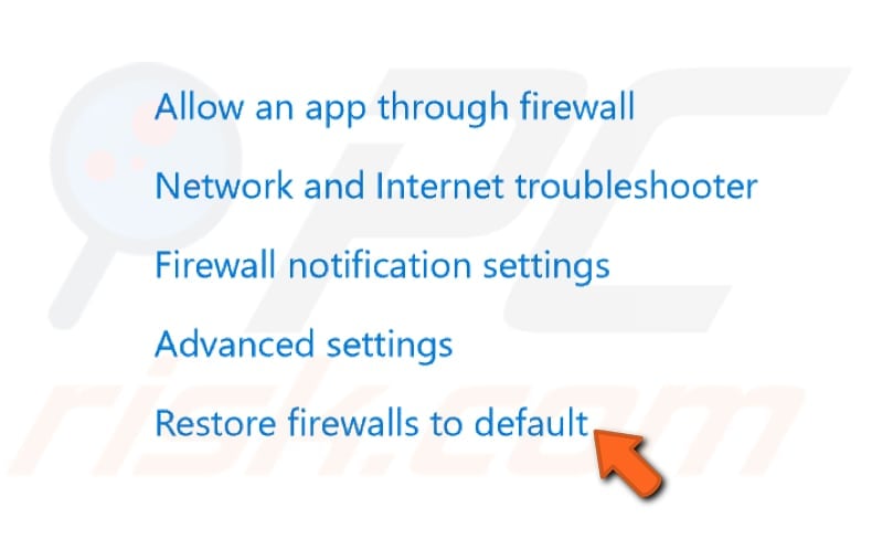 restore firewalls to default step 2