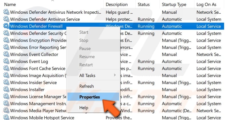 check Windows defender firewall service properties step 2