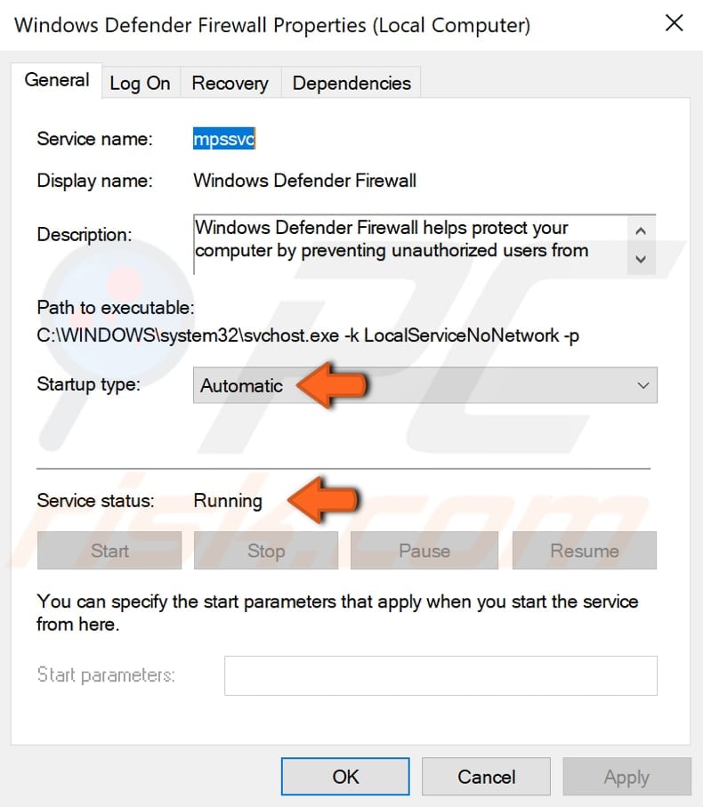 check Windows defender firewall service properties step 3