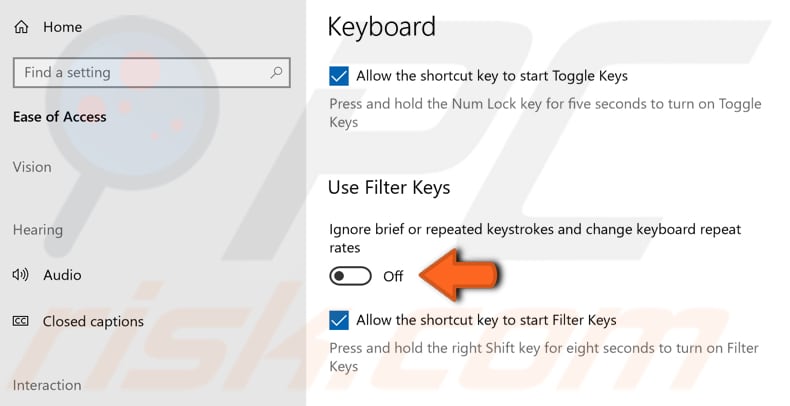 disable filter keys step 2