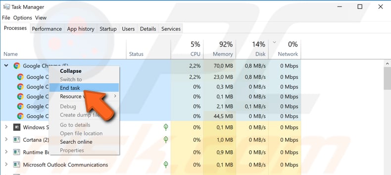 end google chrome processes step 2