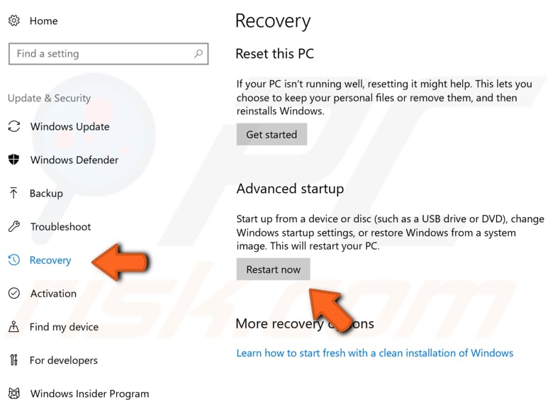 use recovery option in settings step 2