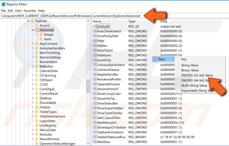 enabling start menu using registry editor step 3