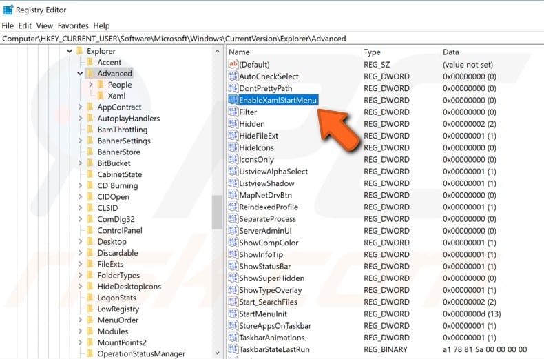 enabling start menu using registry editor step 4
