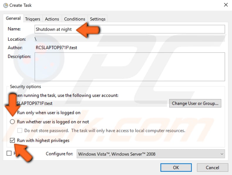 schedule automatic shutdown using windows task scheduler step 3
