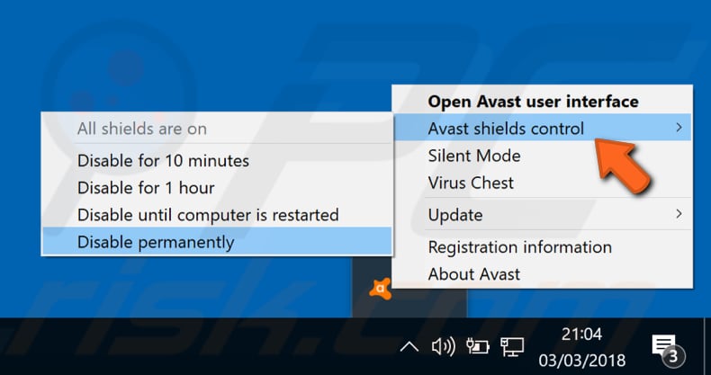 disable avast antivirus step 1