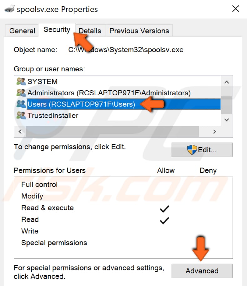 change advanced security settings for spoolsv.exe step 2