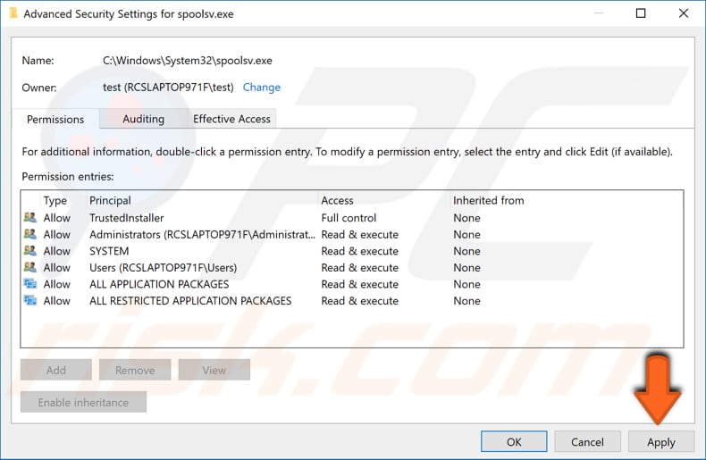 change advanced security settings for spoolsv.exe step 4