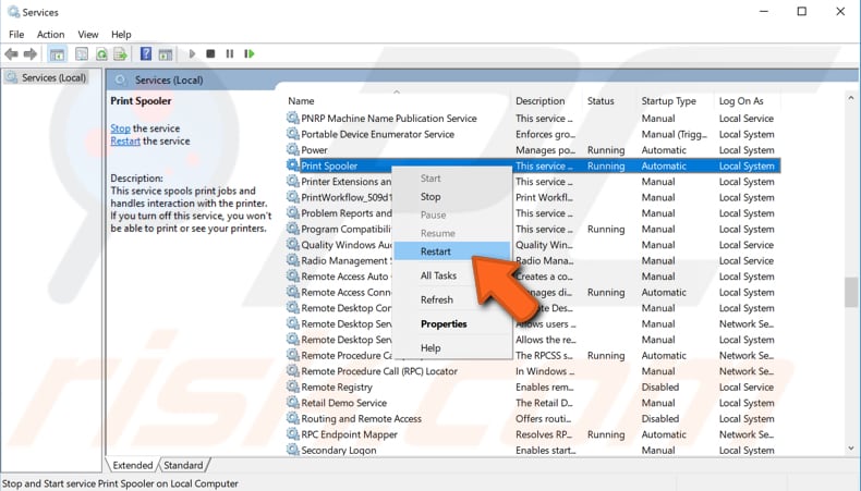 restart the print spooler service step 2