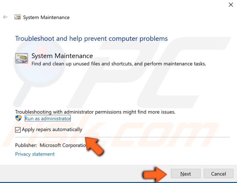 run system maintenance troubleshooter step 2