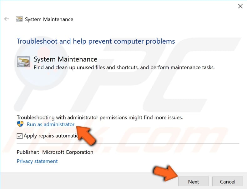 run system maintenance troubleshooter step 2