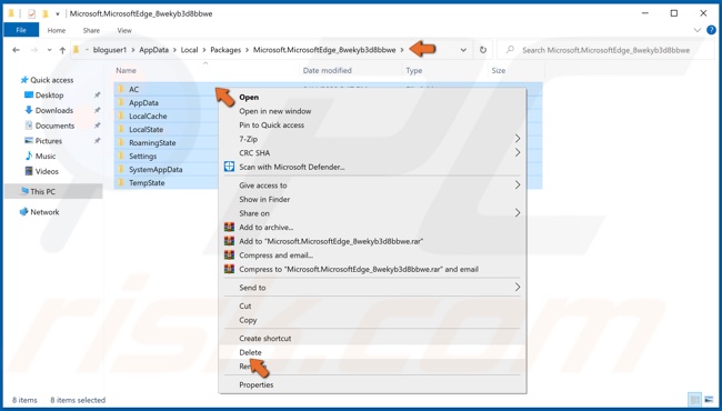 Right-click all of Microsoft Edge files in Appdata and click Delete