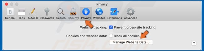 Select Privacy and click Manage Website Data