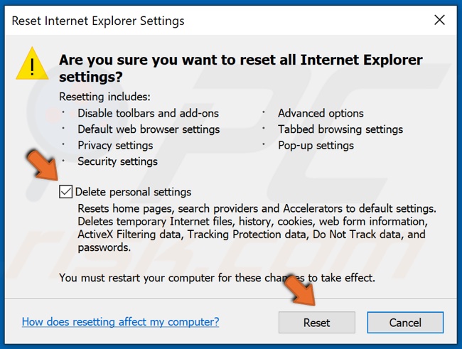Tick Delete personal files and click Reset