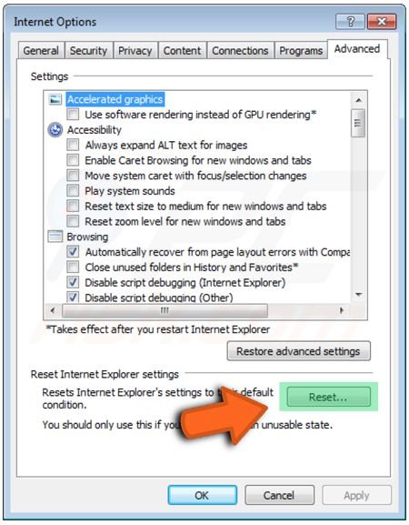 Internet Explorer settings reset button
