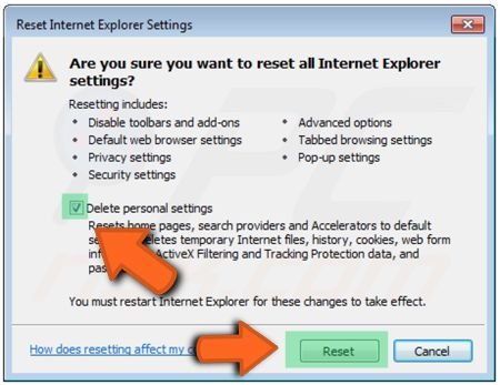 Internet Explorer confirm settings reset