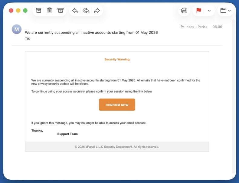 Example fake account suspension email