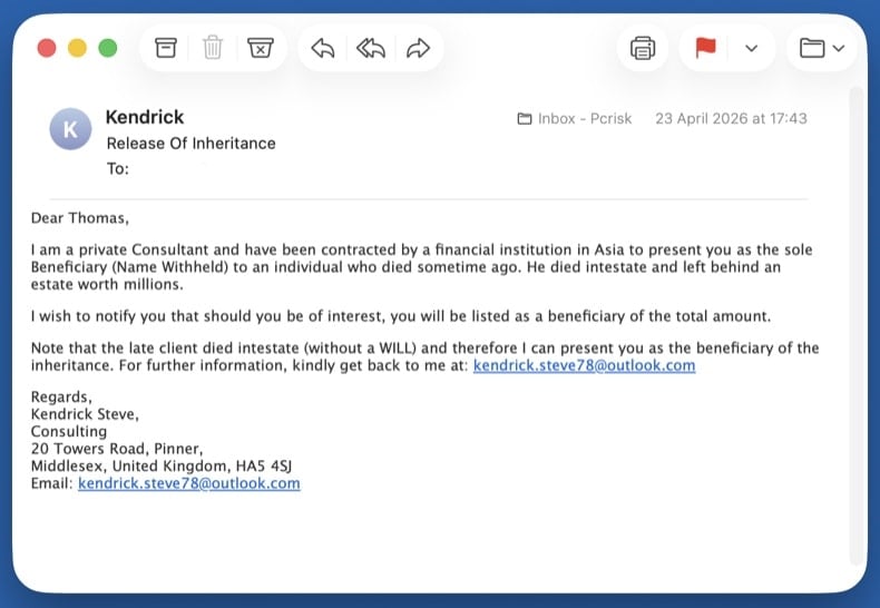Example advance-fee or 419 scam email