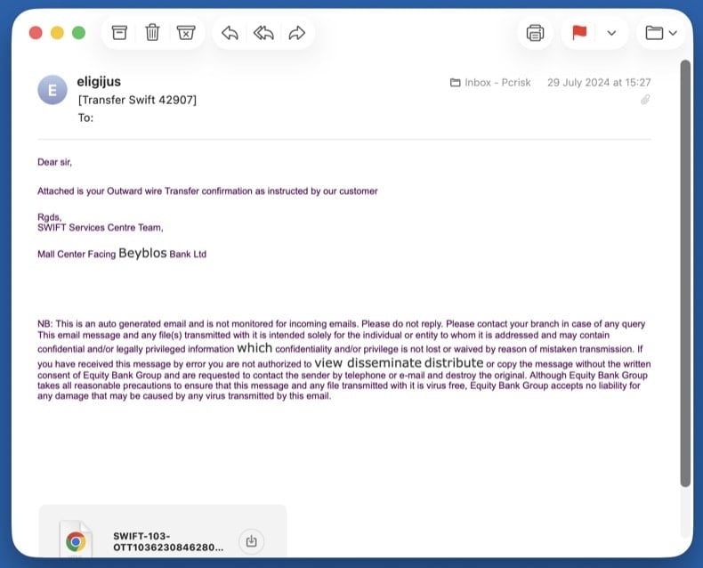 Example business email compromise wire-transfer request