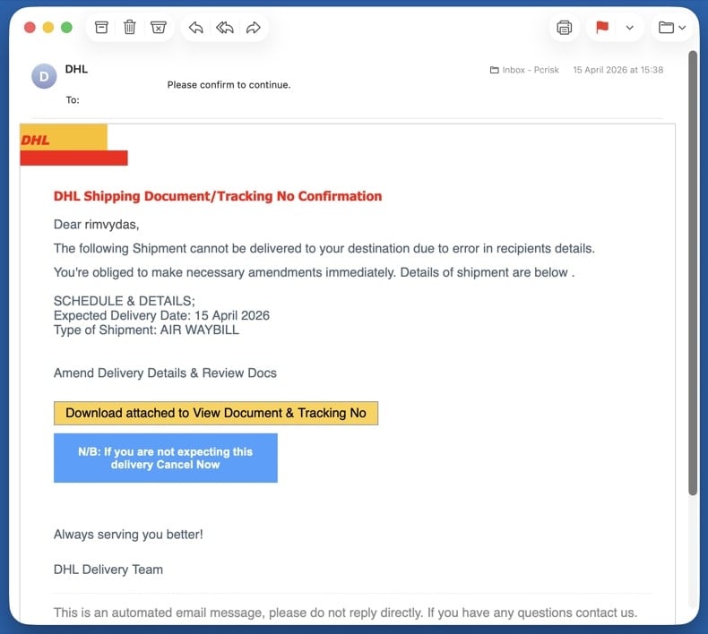 Example fake DHL/USPS/FedEx delivery notification