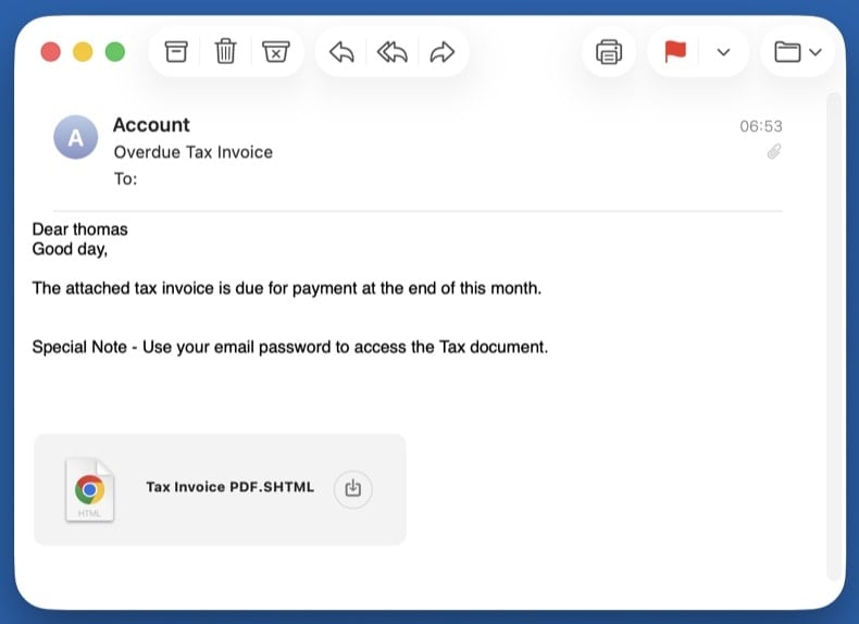 Example email with a fake invoice attachment