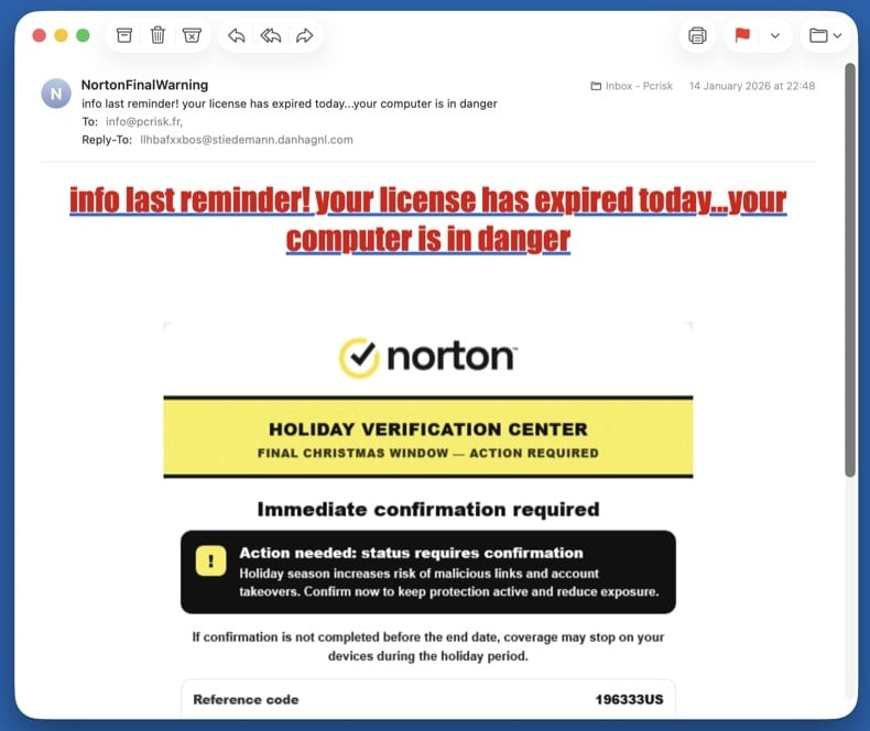 Example fake Norton or McAfee subscription renewal email