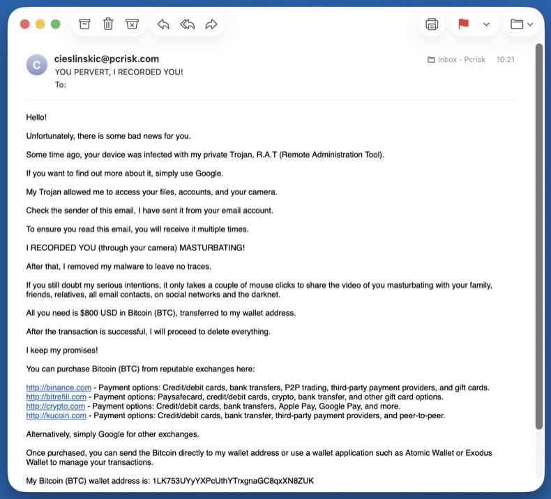 Example sextortion email demanding bitcoin payment