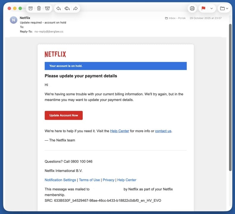 Example fake Microsoft or Apple tech support alert email