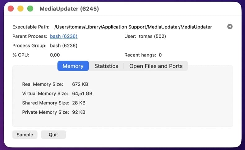 Activity Monitor showing the Inspect Process panel for a suspicious process