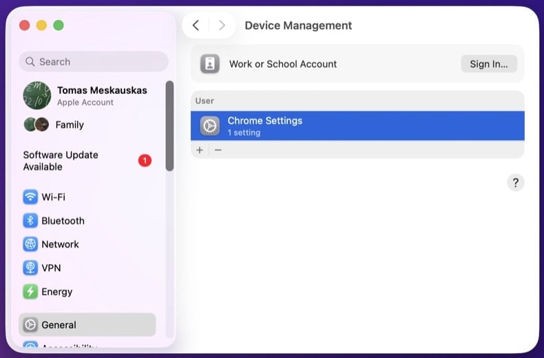 System Settings Device Management showing a malicious Configuration Profile
