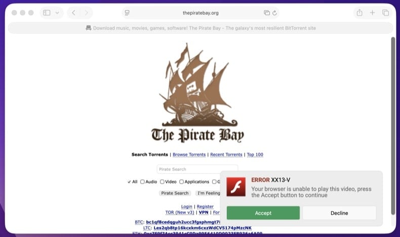 Browser showing fake Adobe Flash Player update prompt