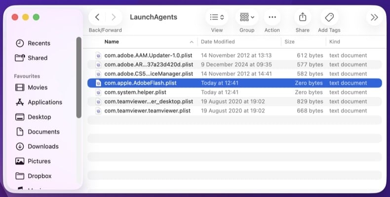 Finder window showing suspicious .plist files in LaunchAgents folder