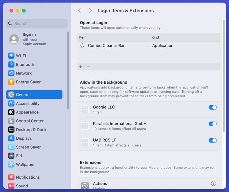 System Settings Login Items showing a clean list