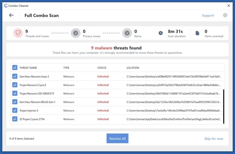 Combo Cleaner full system scan results showing the detected ransomware family