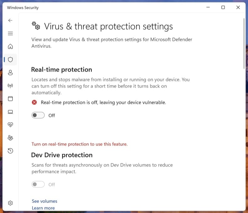 Windows Security with Defender disabled by malware