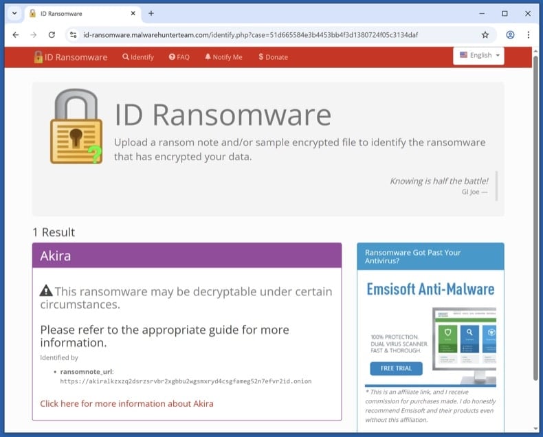 ID Ransomware identification result for a sample variant