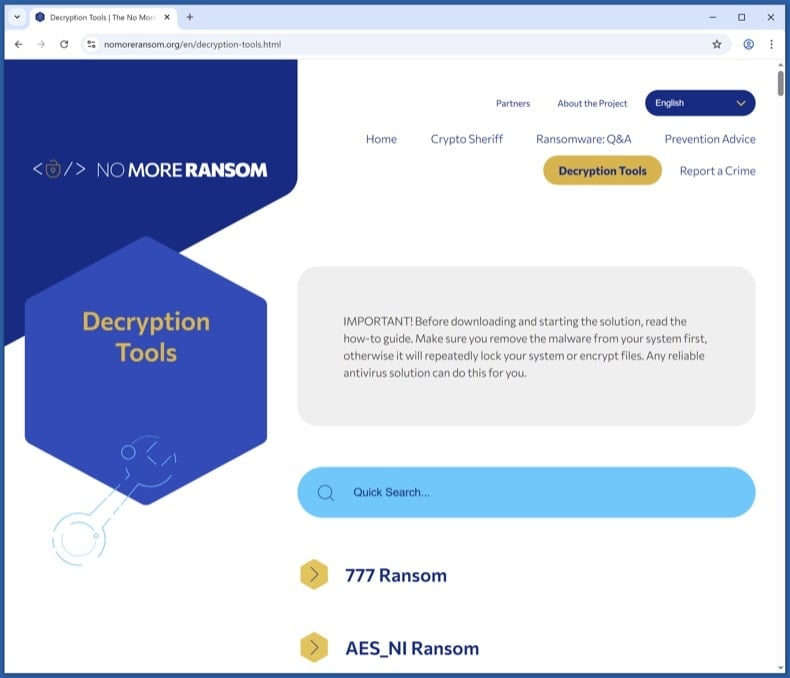 No More Ransom Project decryption tools list