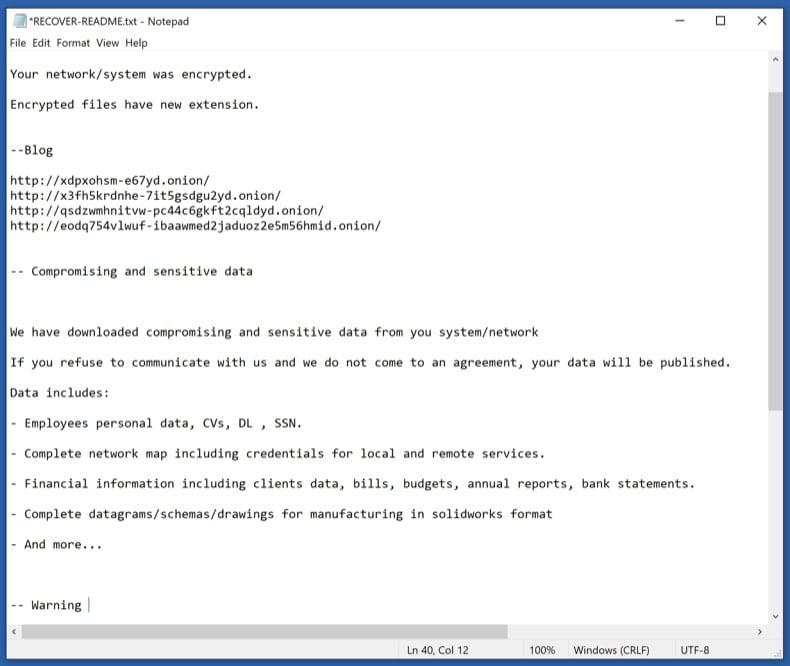 Example ransom note text file with redacted contact information