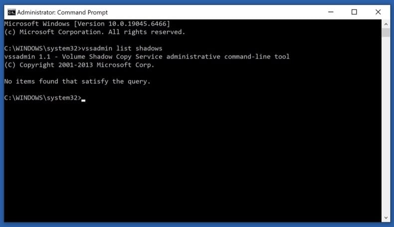 Command prompt vssadmin list shadows output