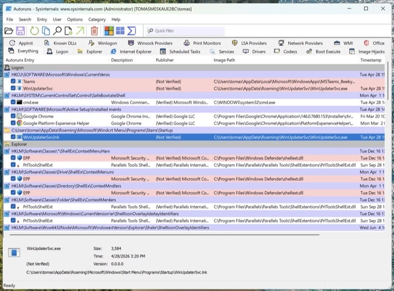 Autoruns 14.x with Hide Microsoft Entries enabled showing the Logon and Scheduled Tasks tabs