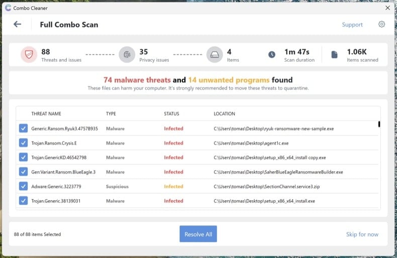 Combo Cleaner full scan results showing detected threats
