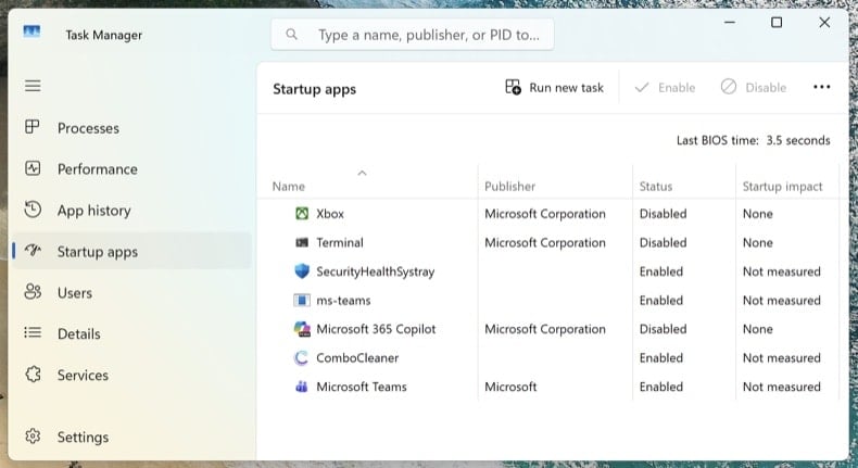 Verifying malware removal in the Windows 11 Task Manager Startup apps tab