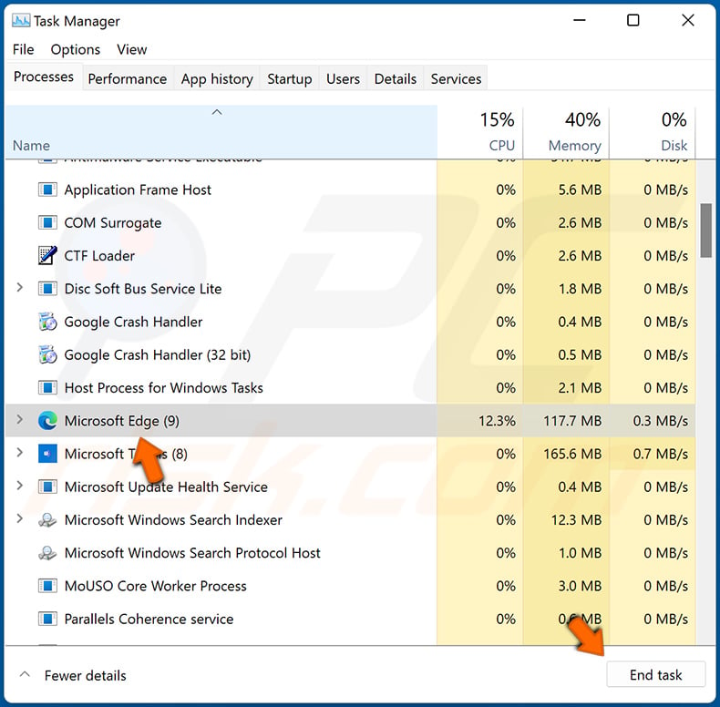 Terminate Microsoft Edge using Task Manager