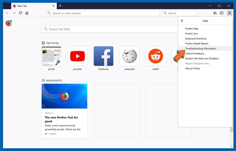  åtkomst till felsökningsinformation (Återställ Firefox till standardinställningssteg 2)