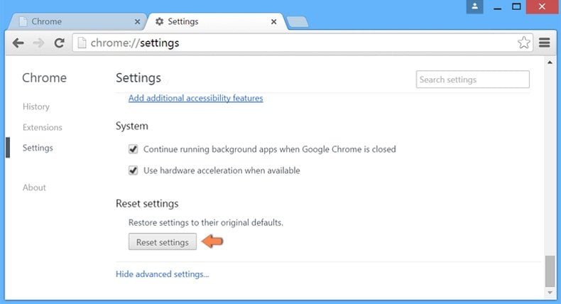 Resetting Google Chrome settings to default - advanced settings