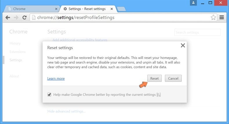 Resetting Google Chrome settings to default - confirm that you want to reset Chrome settings to default by clicking the Reset button