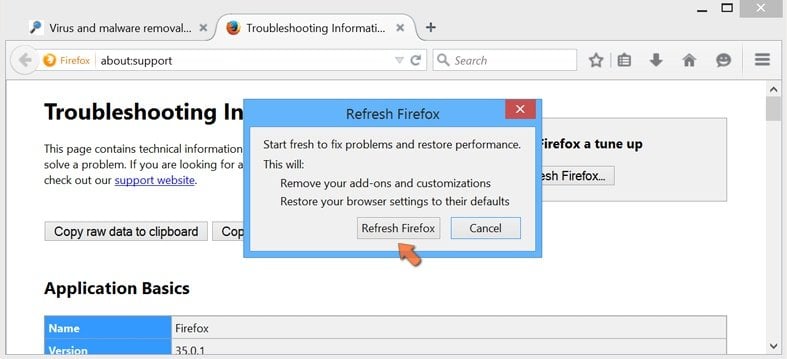 Resetting Mozilla Firefox settings to default - confirming settings reset