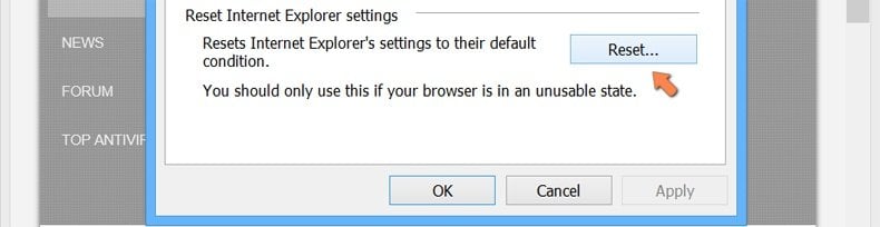  Réinitialisation des paramètres Internet Explorer par défaut sous Windows 8 - cliquez sur le bouton Réinitialiser dans l'onglet Options Internet avancées 