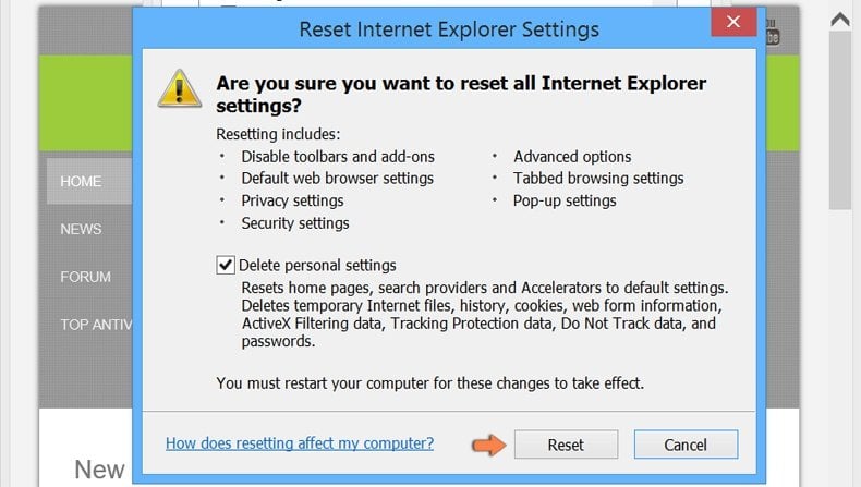 Resetting Internet Explorer settings to default on Windows 8 - confirm settings reset to default by clicking the reset button