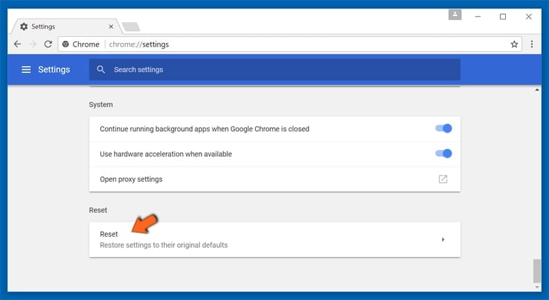 Google Chrome settings reset step 2